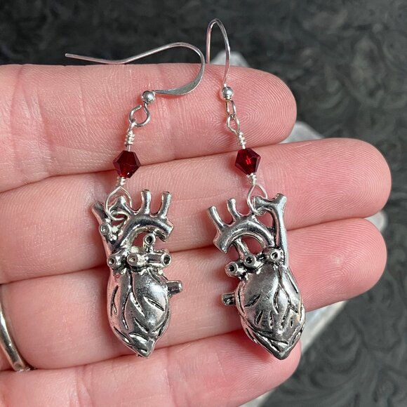 Anatomical Heart and Red Bead Handmade Earrings - Picture 1 of 6